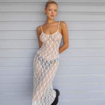 Perspective Mesh Halter Dress Small Plum Flower Backless Long See Through Skirt Không có lưng
