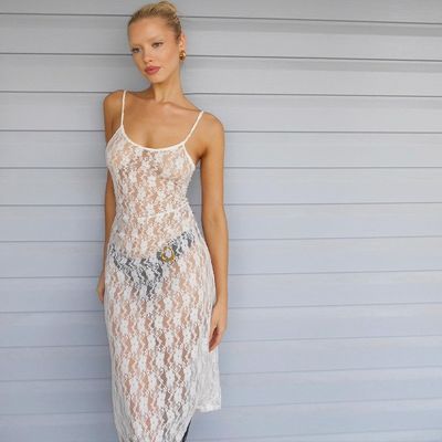 Perspective Mesh Halter Dress Small Plum Flower Backless Long See Through Skirt Không có lưng