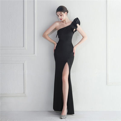 Đám tối màu đen Slim váy bất thường ruffled cạnh sexy sàn dài váy với túi hông