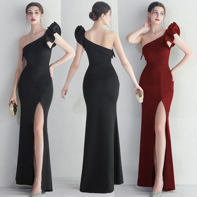 Đám tối màu đen Slim váy bất thường ruffled cạnh sexy sàn dài váy với túi hông