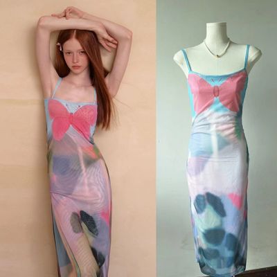 Màu hồng xanh bướm váy French Slit Slim Sexy váy Thắt lưng Slimming