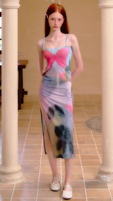 Màu hồng xanh bướm váy French Slit Slim Sexy váy Thắt lưng Slimming