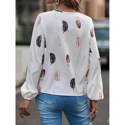 Đàn bà V-Neck Feather Print T-Shirt Casual Loose Fit Tay dài