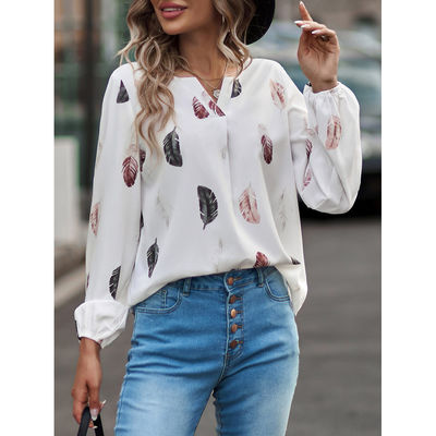 Đàn bà V-Neck Feather Print T-Shirt Casual Loose Fit Tay dài