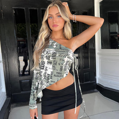 Phụ nữ Decal áo thun thời trang sexy cổ áo chéo một vai Crop Tops Side Lacing Sexy Crop in Top