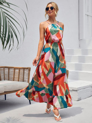 Không tay áo hoa in frock phong cách hoa váy áo khoác Maxi váy