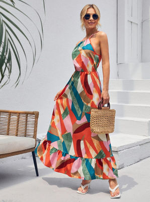Không tay áo hoa in frock phong cách hoa váy áo khoác Maxi váy