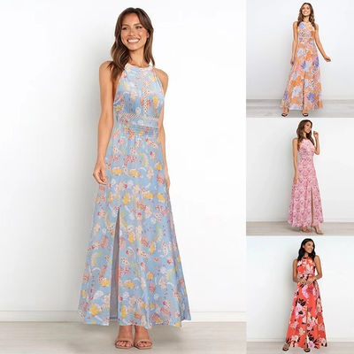 Người lớn in váy không tay áo phong cách hoa Halter Maxi váy