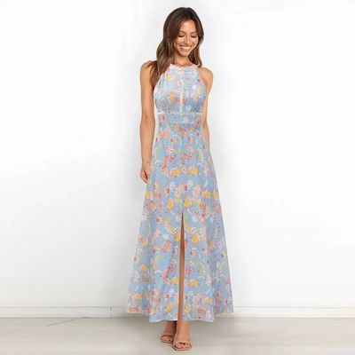 Người lớn in váy không tay áo phong cách hoa Halter Maxi váy