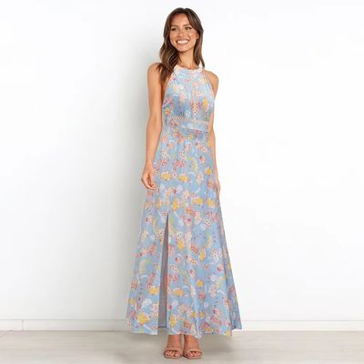 Người lớn in váy không tay áo phong cách hoa Halter Maxi váy