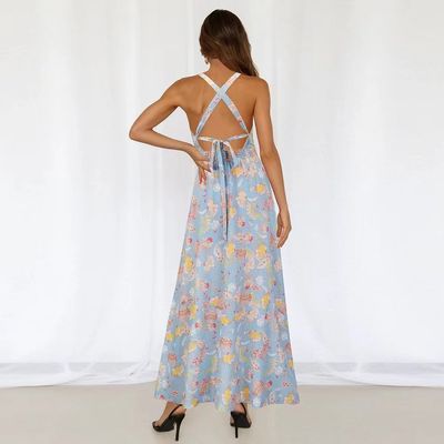 Người lớn in váy không tay áo phong cách hoa Halter Maxi váy