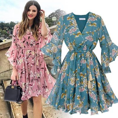 Tay áo ngắn dài đầu gối váy hoa V cổ tay áo rộng tay áo phông