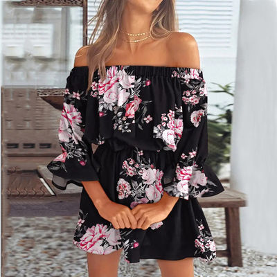 Một dòng cổo Chiều dài đầu gối in váy sexy hoa váy thắt lưng váy lỏng