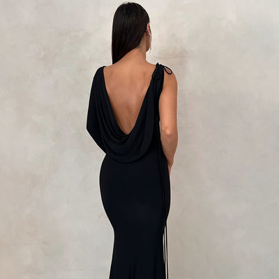 V cổ Slim váy buổi tối Màu sắc rắn Tie một vai rỗng Đen váy buổi tối sexy