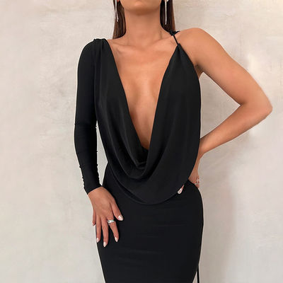 V cổ Slim váy buổi tối Màu sắc rắn Tie một vai rỗng Đen váy buổi tối sexy