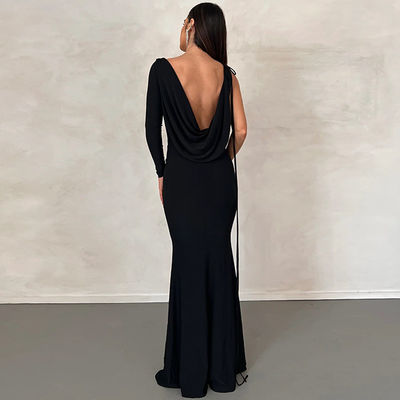 V cổ Slim váy buổi tối Màu sắc rắn Tie một vai rỗng Đen váy buổi tối sexy