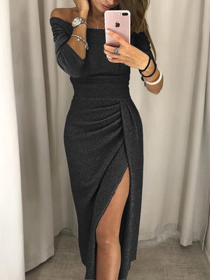 Glitter Women'S Slim Evening Dress Bag Hip Dress Slit Neckline Dress Dinner Dress