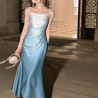 Satin Gradient Slip Dress Chiếc váy buổi tối Đồ ăn mặc quyến rũ Giảm cân