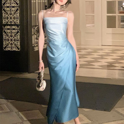 Satin Gradient Slip Dress Chiếc váy buổi tối Đồ ăn mặc quyến rũ Giảm cân