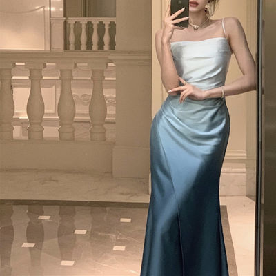 Satin Gradient Slip Dress Chiếc váy buổi tối Đồ ăn mặc quyến rũ Giảm cân