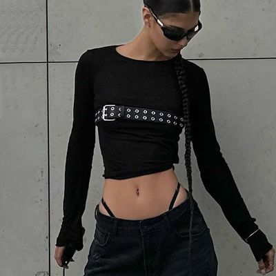 Thời trang Spice Sexy T-Shirt chặt Thòng cổ Slim tay dài T-Shirt Mô hình rắn