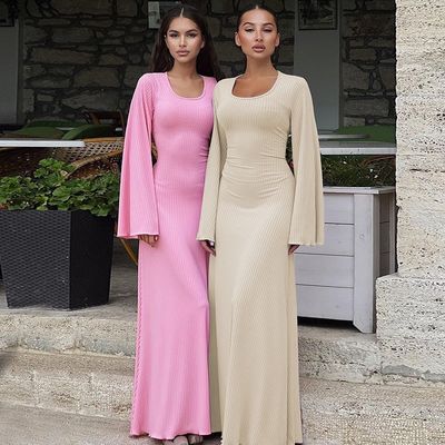 Đồ ăn mặc đẹp tay dài Slim U Neck Back Lace Up Solid Color Long Sleeve Dresses