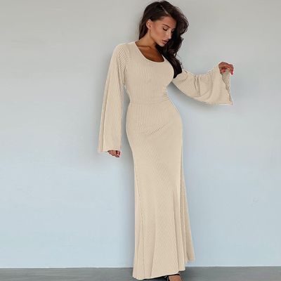 Đồ ăn mặc đẹp tay dài Slim U Neck Back Lace Up Solid Color Long Sleeve Dresses