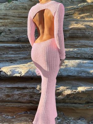 Wool Woven Open Back Maxi Dress Sexy Hollow Net Hole Long Sleeve Backless Dress