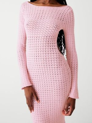 Wool Woven Open Back Maxi Dress Sexy Hollow Net Hole Long Sleeve Backless Dress