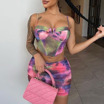 Fashion Crop Top Short Skirt Set Print Halter Slim Fit 2 bộ váy ngắn