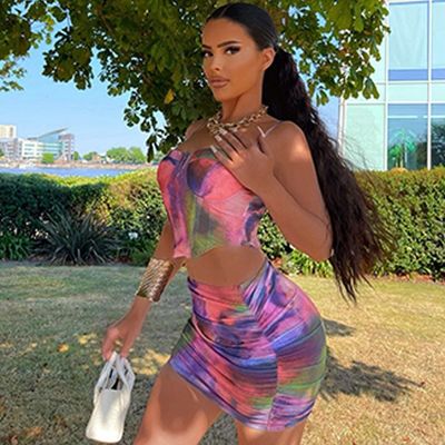 Fashion Crop Top Short Skirt Set Print Halter Slim Fit 2 bộ váy ngắn