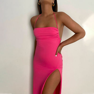 Chiếc váy cổ dài thời trang sexy váy cổ dây đai váy Slim Slit váy phụ nữ