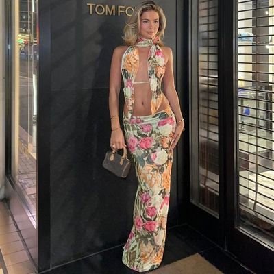 Sexy Backless Strapless Top Slim Split Skirt V Neck Long