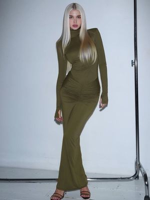 Đồ mặc Slim Solid Color Hip Wrap High Neck Long Sleeve