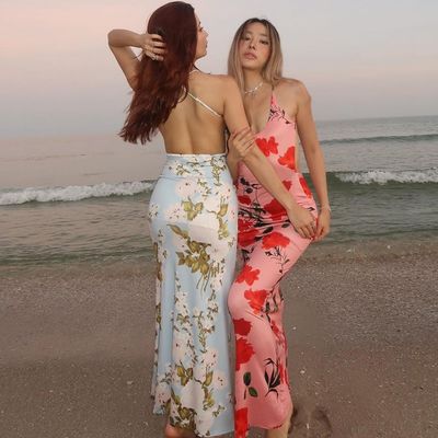 Mùa hè Đồ mặc nữ phong cách in sexy không có lưng U cổ Slim Halter váy