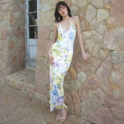 Mùa hè Đồ mặc nữ phong cách in sexy không có lưng U cổ Slim Halter váy