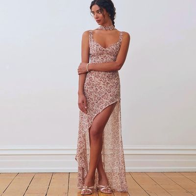 Chiếc váy phụ nữ mới màu hoa sexy không lưng và váy dây đeo
