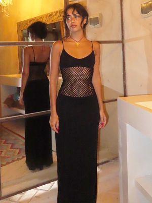 Châu Âu và Hoa Kỳ phụ nữ 2024 mùa xuân và mùa hè mới sexy nhìn xuyên qua lưới splicing Slim-fit tâm trạng túi