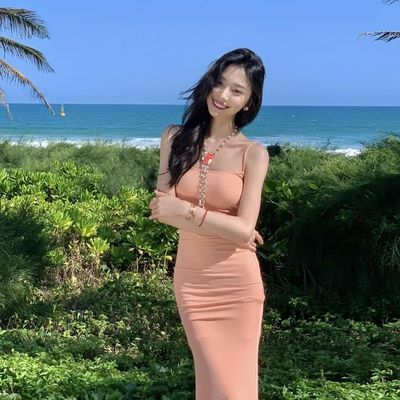 Một dòng cổ Halter Halter Sexy Fashion Pure Wind Slim Thắt lưng Thắt lưng Long Dress
