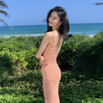 Một dòng cổ Halter Halter Sexy Fashion Pure Wind Slim Thắt lưng Thắt lưng Long Dress