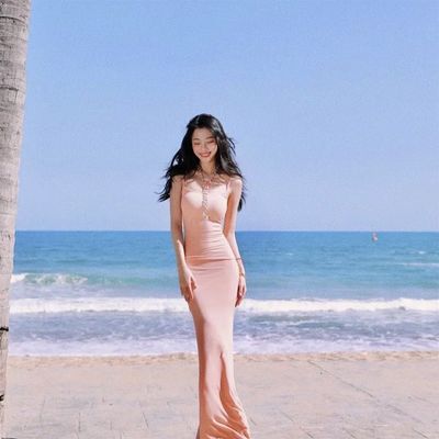Một dòng cổ Halter Halter Sexy Fashion Pure Wind Slim Thắt lưng Thắt lưng Long Dress
