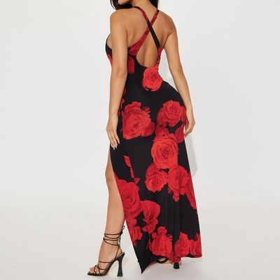 Phụ nữ thời trang in váy dài sexy Split Halter áo