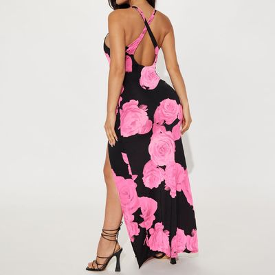 Phụ nữ thời trang in váy dài sexy Split Halter áo