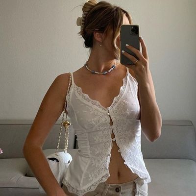 Phụ nữ kiểu Mỹ Spice Girl dây chuyền dây chuyền sexy V-neck áo vest buckle halter áo vest nhỏ