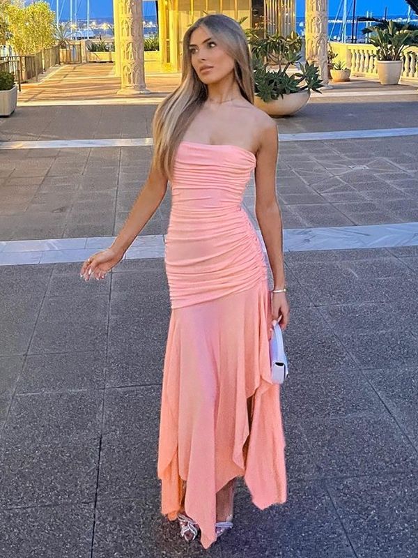 Màu cứng bọc ngực váy lớp sexy Pleated váy bất thường hai lớp váy