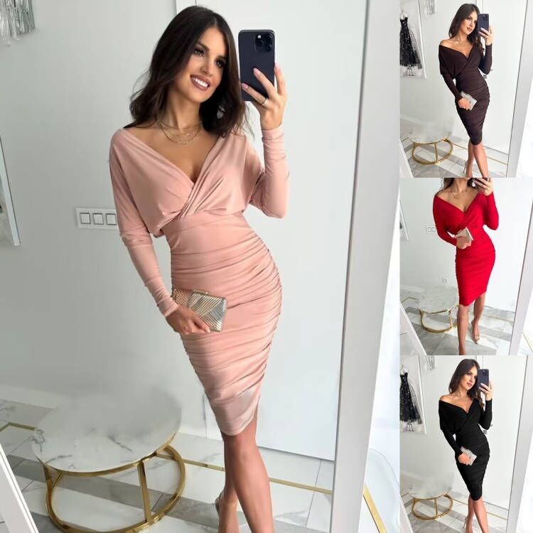 Phụ kiện thời trang Chiếc váy đùi tay dài V cổ sexy Chiếc váy đùi gấp