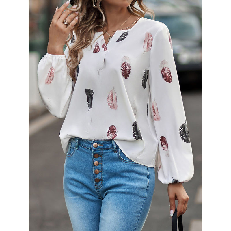 Đàn bà V-Neck Feather Print T-Shirt Casual Loose Fit Tay dài