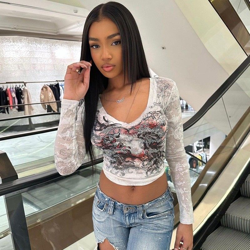 Người lớn Sexy Decal áo thun thời trang in Slim Fit tay dài áo thun trên cùng