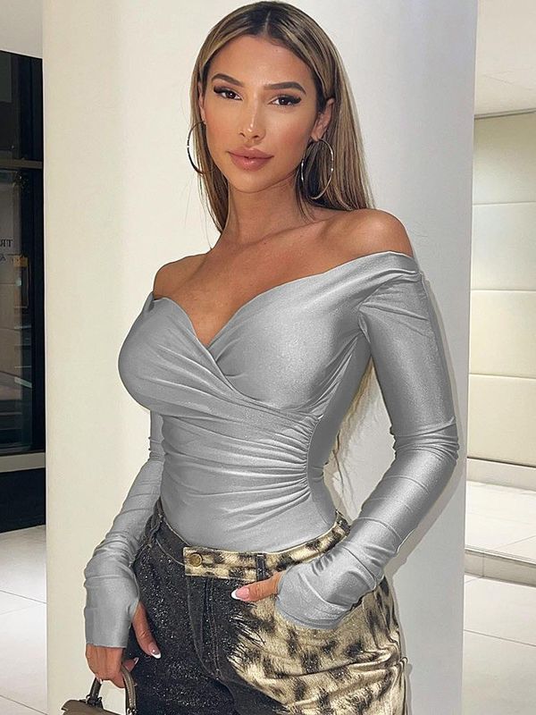 Cô gái dễ chịu Slim Fit V Neck T-Shirt sexy Shawl Pleated sexy áo sơ mi mỏng chặt tay dài