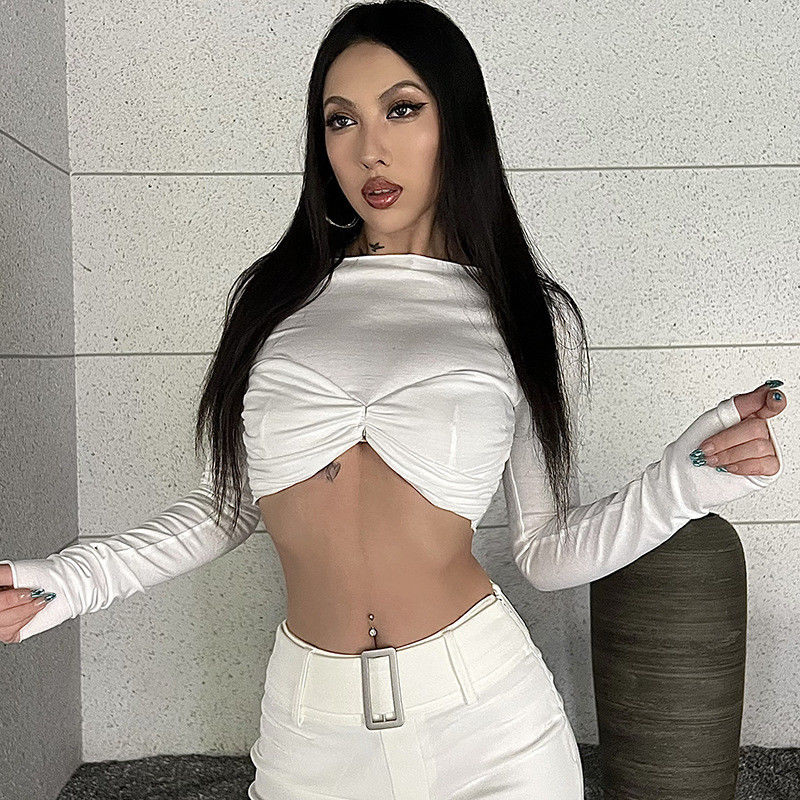 Một dòng cổ sexy áo sơ mi chặt tay dài màu sắc rắn màu trắng áo phông